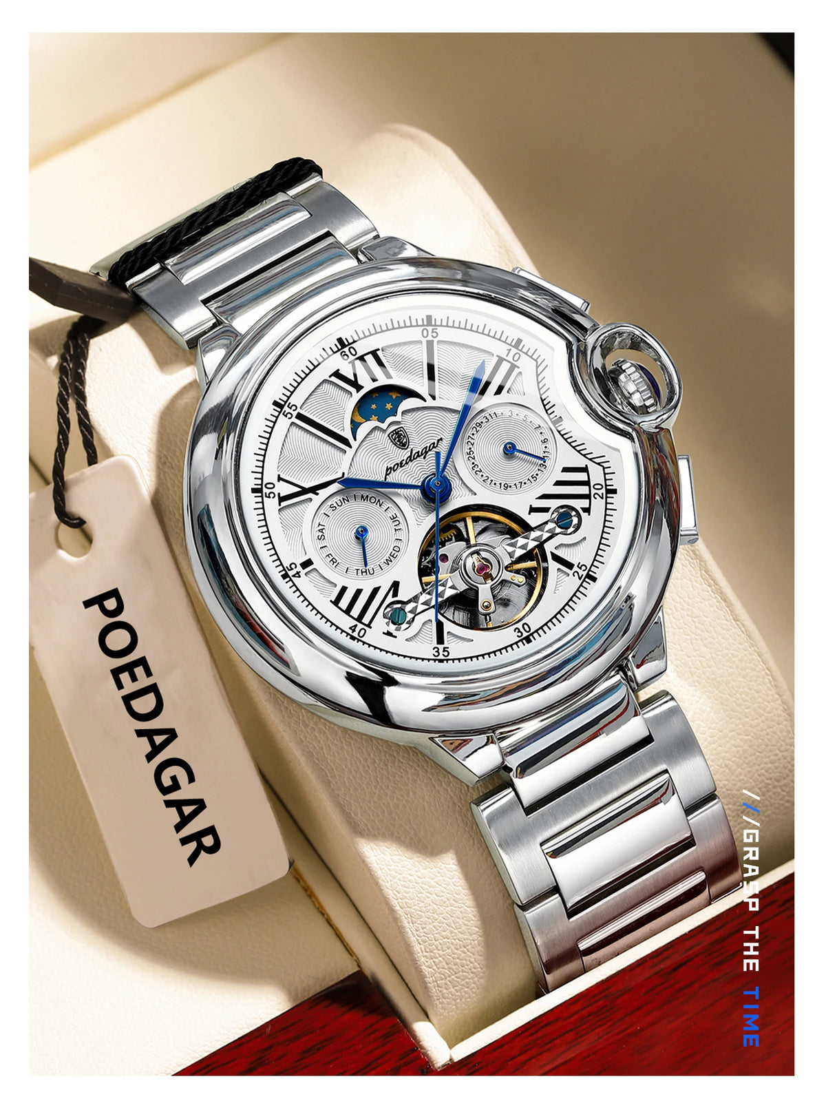 Ceas pentru bărbați POEDAGAR, stil luxos și profesional, cu afișaj al datei și al zilei, tourbillon, carcasă din oțel inoxidabil, mecanism mecanic automat și rezistență la apă.