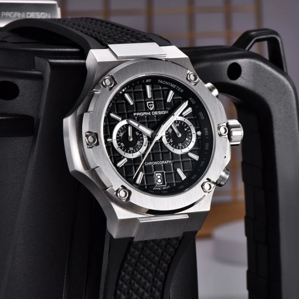 PAGANI DESIGN PD-YS032 Men's Quartz Watch 44mm Japan VK64 Movement Stainless Steel Case Rubber Strap Sapphire Glass 100M Waterproof