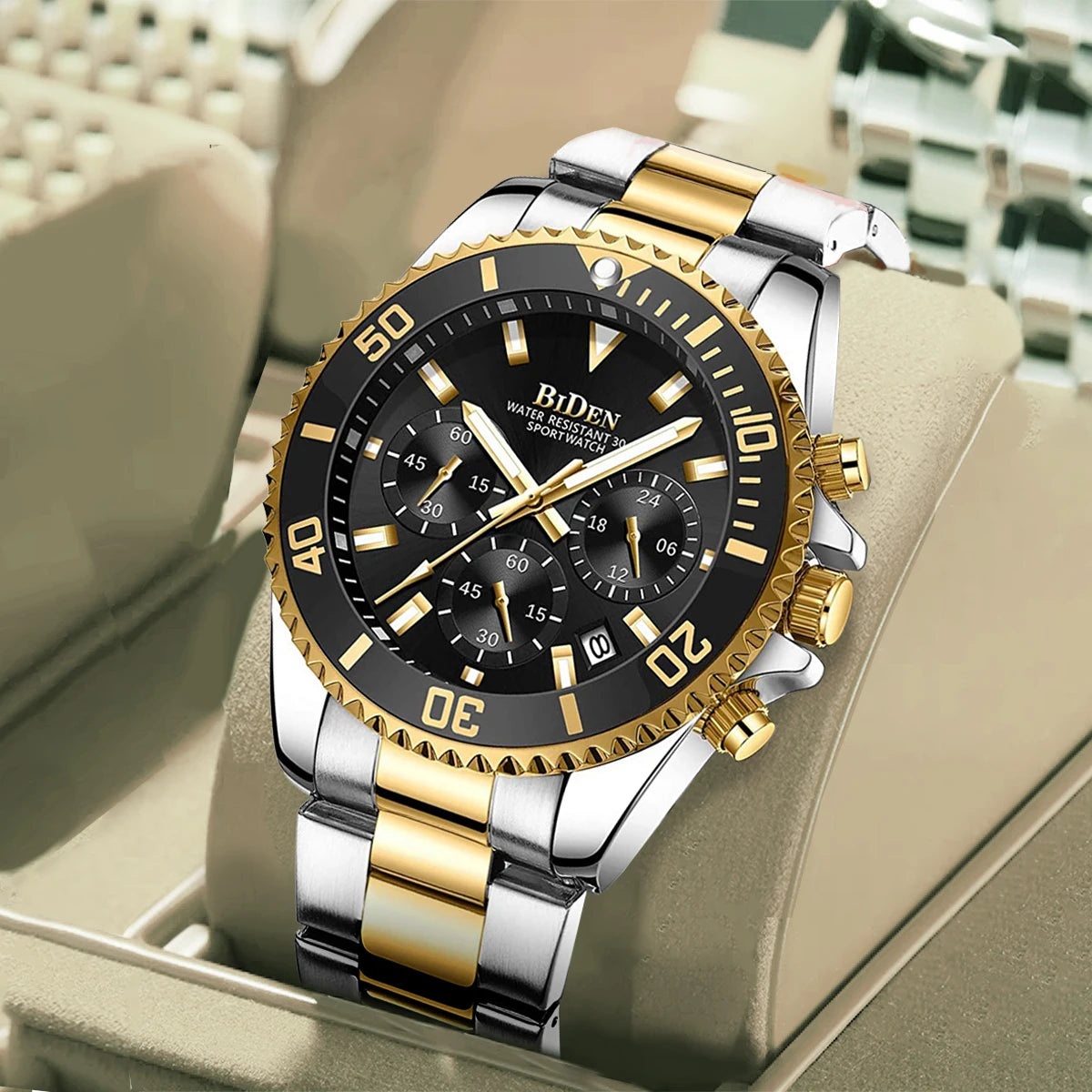 BIDEN Multi-functional men's quartz watch luxury waterproof night light business style diving series casual fashion watch