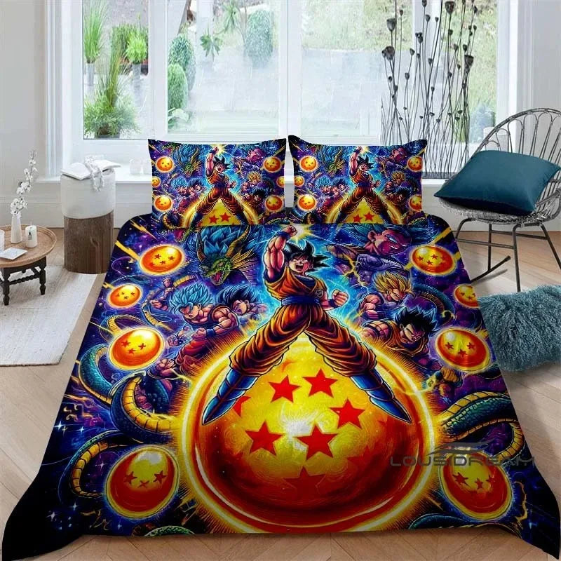 Rajzfilm/anime Son Goku Dragon Ball témájú nyomtatott ágyneműkészlet: Ez a puha és kényelmes készlet egy paplanhuzatot és párnahuzatot tartalmaz.