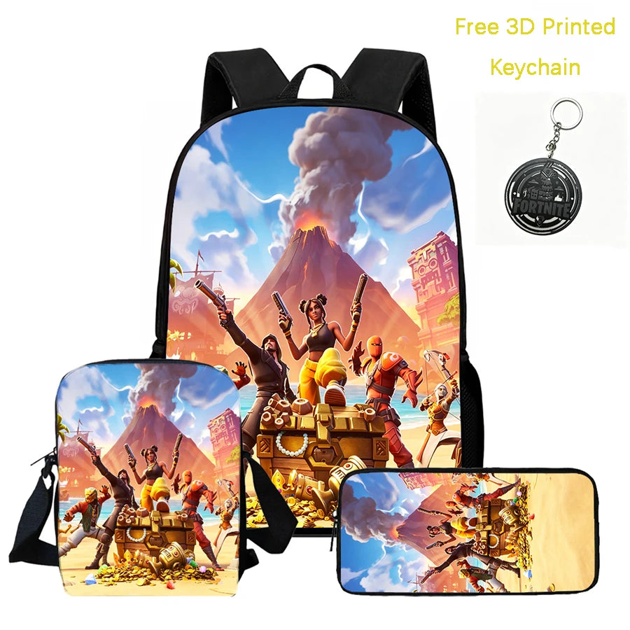 3Pcs Kids Backpack Set, Crossbody & Pencil Bag, FORTNITE Cartoon Bag, Lightweight for Boys Girls 5-10, Free 3D Printed Keychain