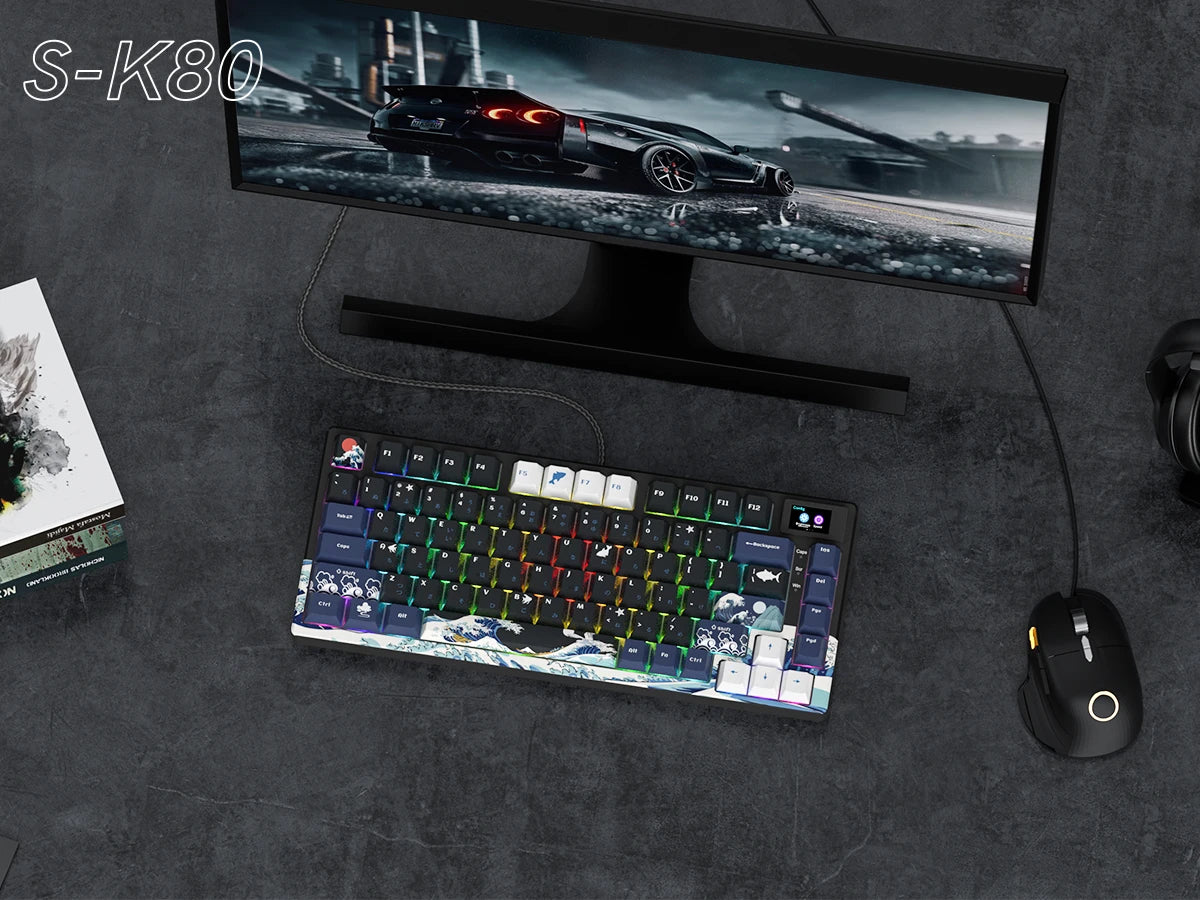 womier S-K80 Sea Wave Hot Swappable Gaming Keyboard Wired Mechanical Keyboard with Color OLED Display Gasket Mount RGB Keyboard