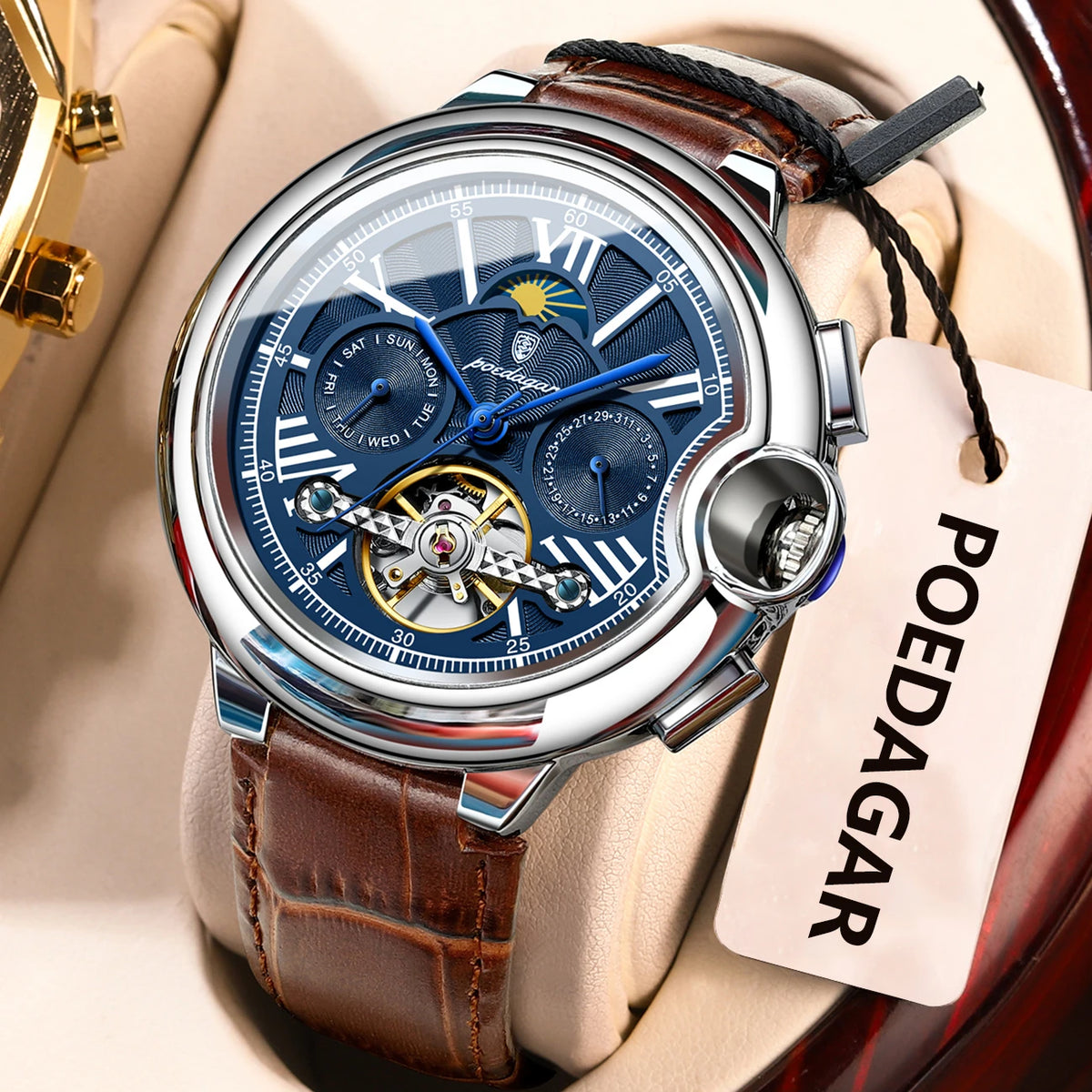 Ceas pentru bărbați POEDAGAR, stil luxos și profesional, cu afișaj al datei și al zilei, tourbillon, carcasă din oțel inoxidabil, mecanism mecanic automat și rezistență la apă.