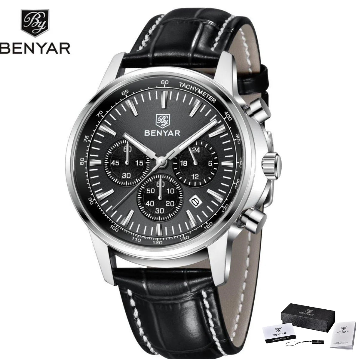 Montre de luxe pour homme Benyar – Chronographe avec date, bracelet en cuir, étanche, luminescente, style sportif et militaire, montre à quartz