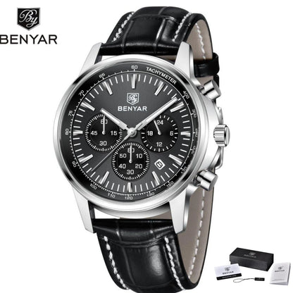 Montre de luxe pour homme Benyar – Chronographe avec date, bracelet en cuir, étanche, luminescente, style sportif et militaire, montre à quartz