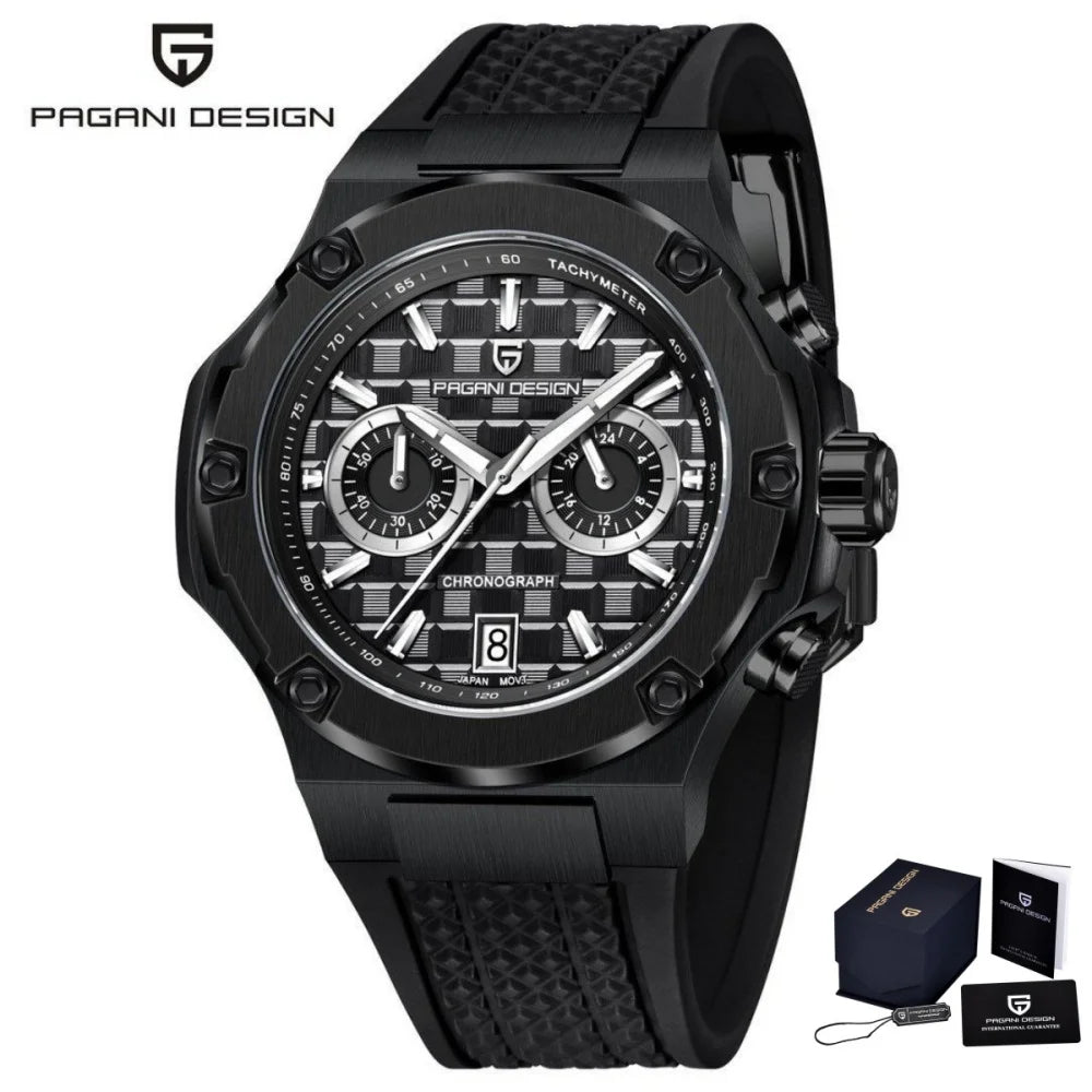 PAGANI DESIGN PD-YS032 Men's Quartz Watch 44mm Japan VK64 Movement Stainless Steel Case Rubber Strap Sapphire Glass 100M Waterproof