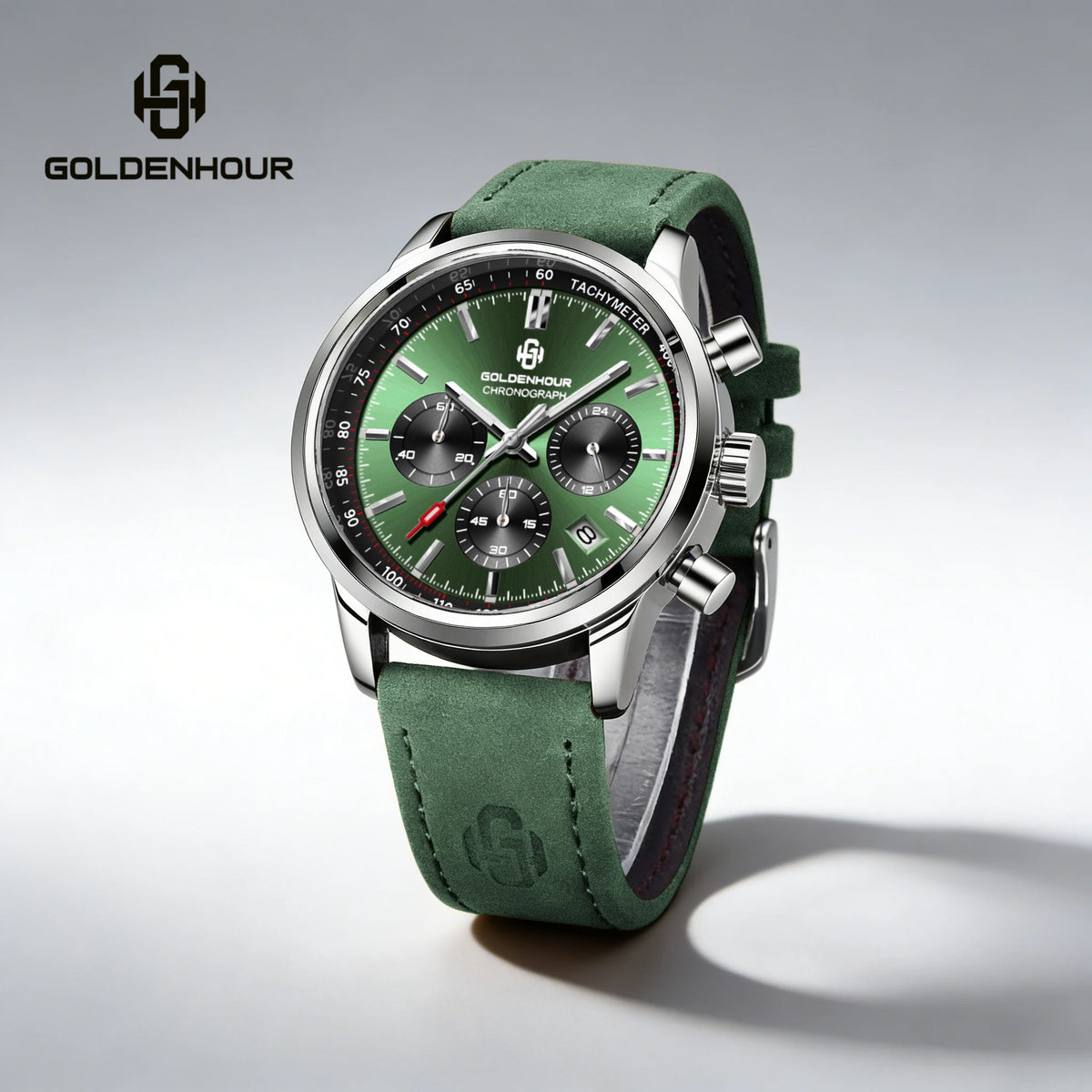 Luxusné pánske hodinky GOLDENHOUR – kremeňový chronograf, zelený ciferník, kožený remienok, vodotesné, luminiscenčné, vojenský a športový štýl