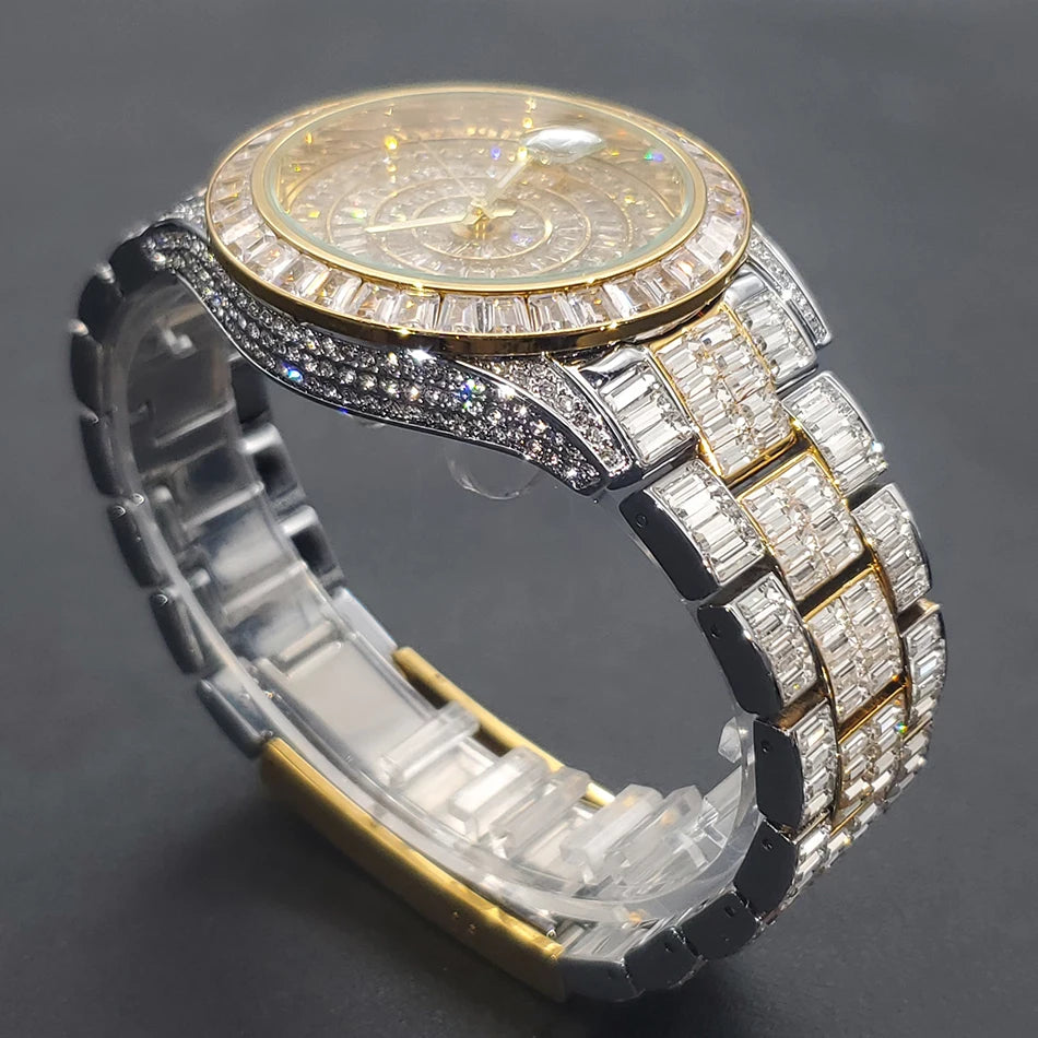 Full Iced Out Watches For Men Luxury Handmade Mosaic Diamond Silver Steel Watch Fashion Hip Hop Silver Automatic Date Male Clock
