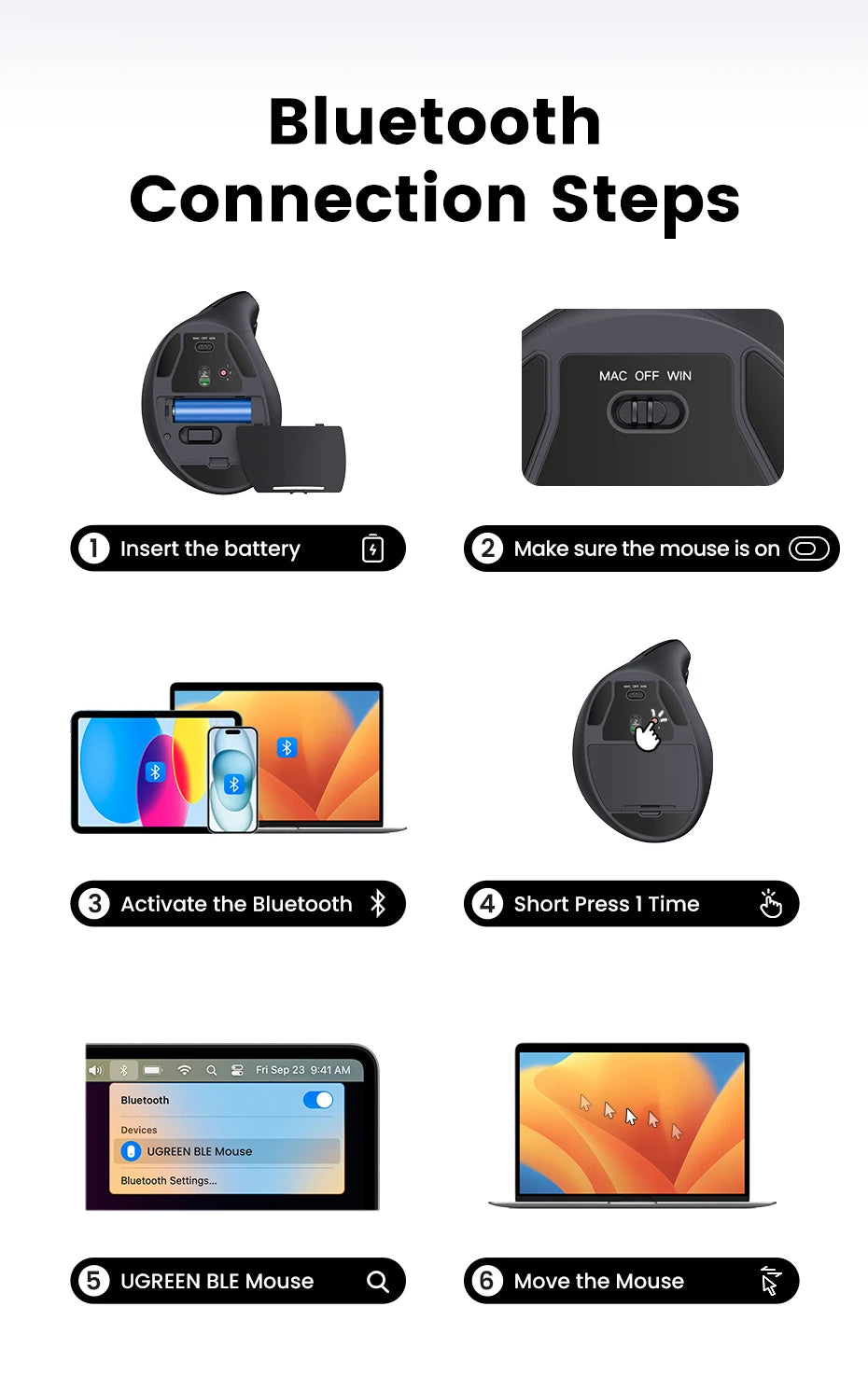 UGREEN Vertical Mouse Wireless Bluetooth 5.0 2.4G Ergonomic 4000DPI 6 Mute Buttons for MacBook Tablet Laptops Computer PC Mice
