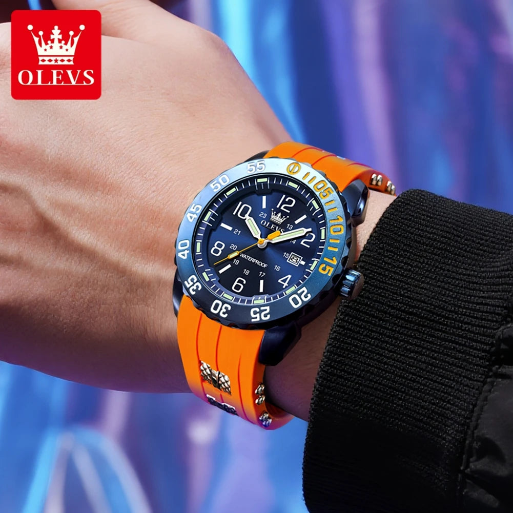 OLEVS Luxe herenhorloge met kwartsmechanisme, waterdicht, lichtgevend oranje siliconen band, sportieve herenhorloges in militaire stijl