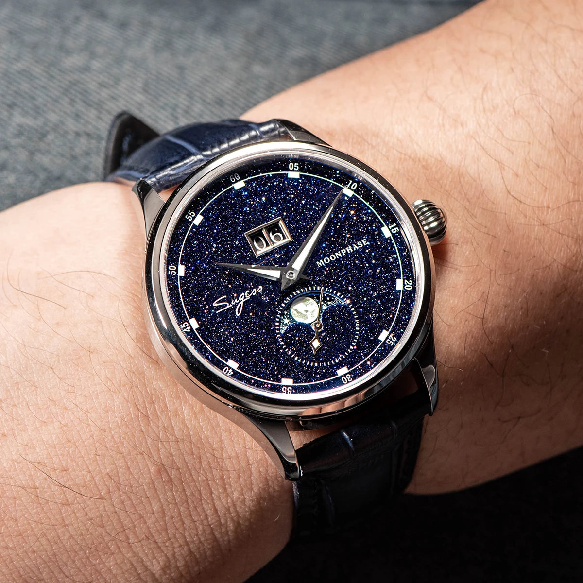Sugess Moonphase Watch of Men 40mm Automatic Mechanical Wristwatches Origin ST2528 Movement Stainless Steel Blue Sandstone Dials