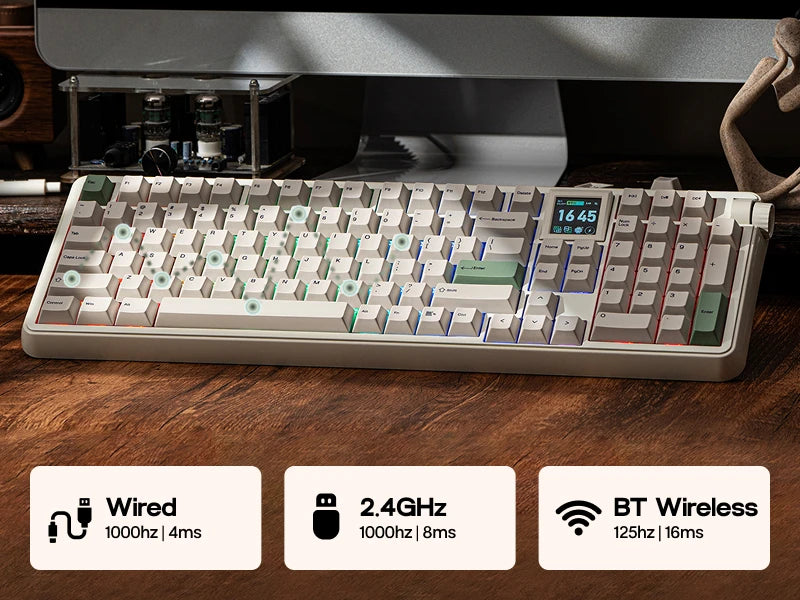 EPOMAKER RT100 PRO 100 % ANSI US -asettelu, tiiviste, langallinen/Bluetooth/2,4 GHz langaton mekaaninen näppäimistö, 1,54 tuuman näyttö ja äänenvoimakkuuden säätönuppi