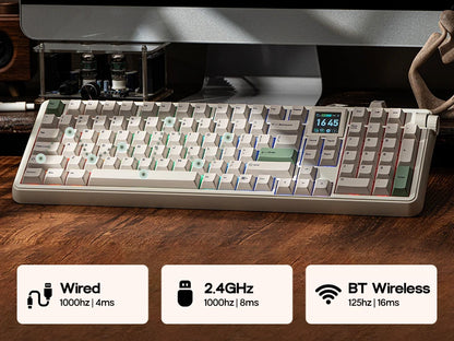 EPOMAKER RT100 PRO 100 % ANSI US -asettelu, tiiviste, langallinen/Bluetooth/2,4 GHz langaton mekaaninen näppäimistö, 1,54 tuuman näyttö ja äänenvoimakkuuden säätönuppi