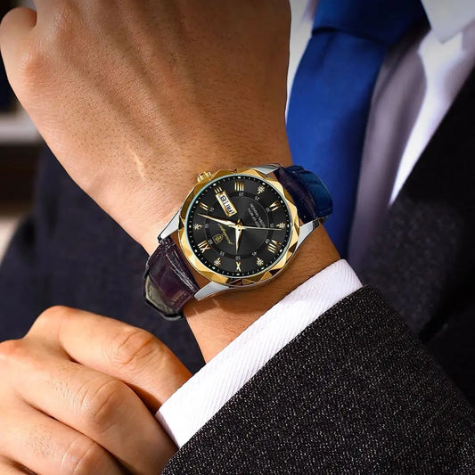 Relógio de homem POEDAGAR, modelo original de luxo: estanque, luminescente, com indicação da data e do dia. Relógio de quartzo com um estilo clássico e profissional, equipado com uma bracelete em pele.