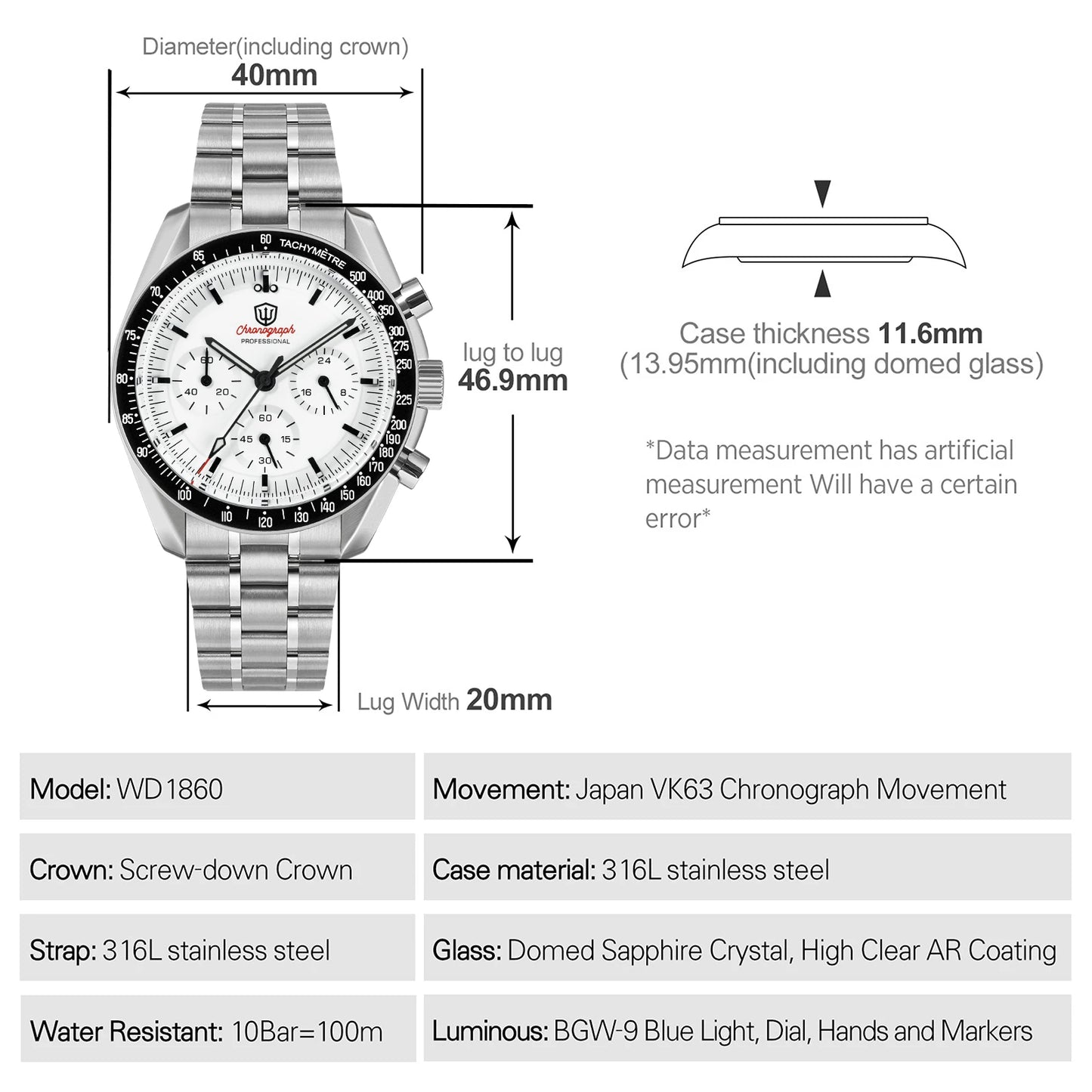 Watchdives WD1860 Watch VK63 Chronological Movement Stainless Steel Watch Sapphire AR Coating Night Light Retro Watches