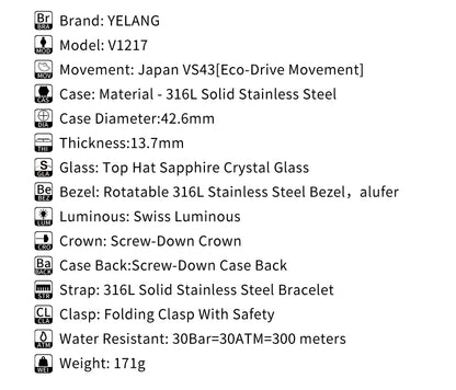 Yelang V1217 300m Diving Solar Watch Japan VS43 Swiss Super Luminous Water Ghost Waterproof Top Sapphire Aluminum Bezel Reloj