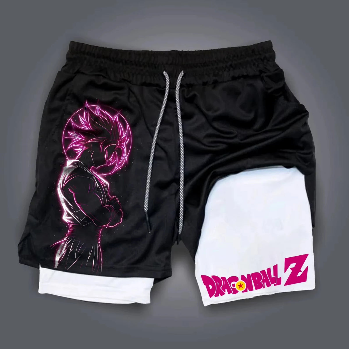 Pantalones cortos de moda con estampado de dragón y Goku del anime, de doble capa, lo último en primavera y verano: pantalones deportivos holgados y transpirables para hombre.