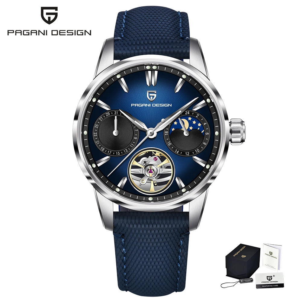 PAGANI DESIGN – Ceas mecanic de lux pentru bărbați, 41 mm, sticlă de safir, curea din piele, rezistent la apă, stil pilot, cu turbilion și fază lunară