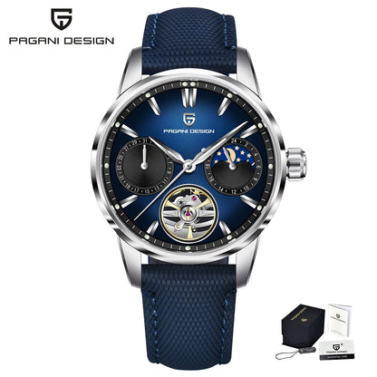 PAGANI DESIGN – Ceas mecanic de lux pentru bărbați, 41 mm, sticlă de safir, curea din piele, rezistent la apă, stil pilot, cu turbilion și fază lunară
