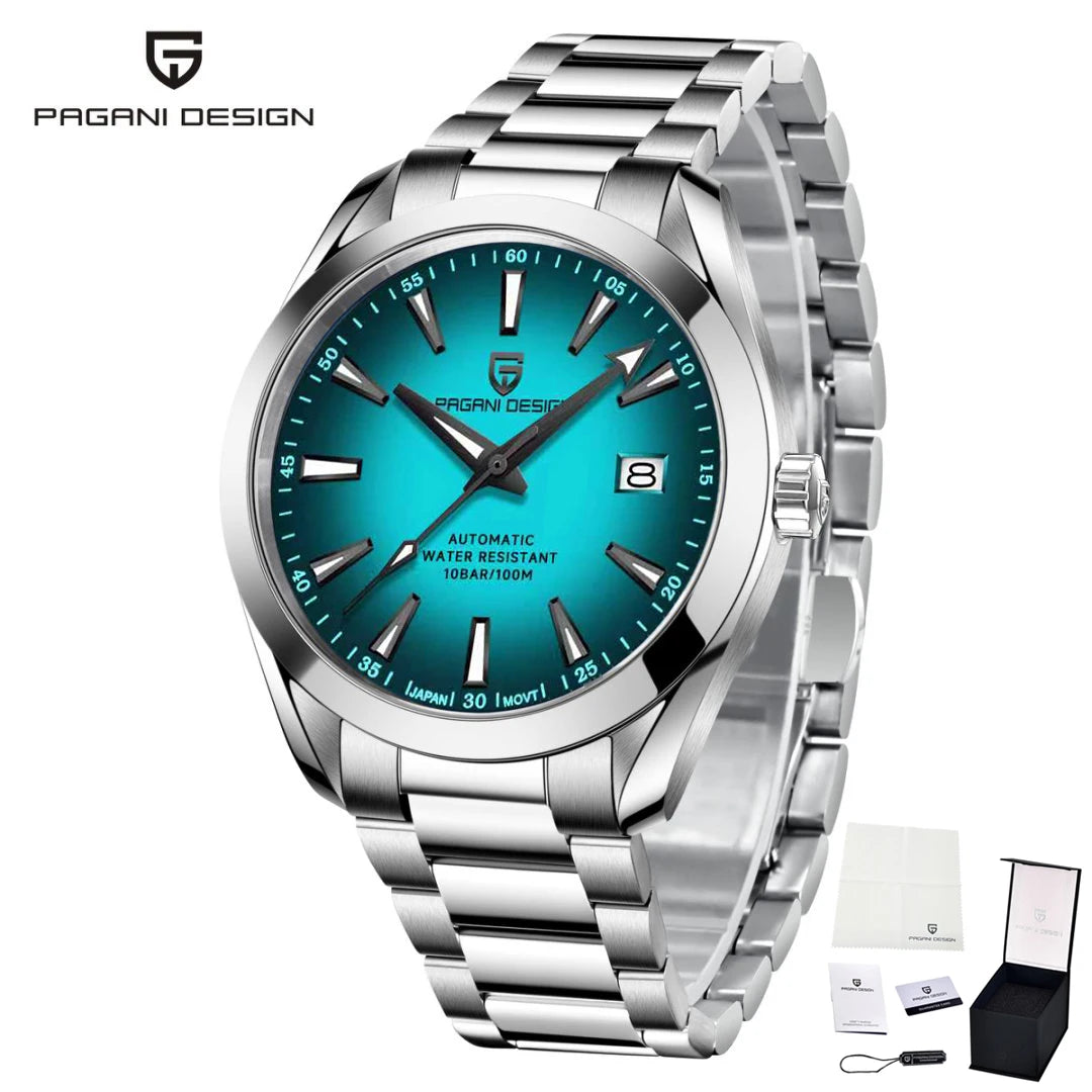 Montre de luxe pour homme PAGANI DESIGN – Modèle automatique mécanique (calibre 8215), en acier inoxydable, étanche, avec affichage de la date et aiguilles luminescentes
