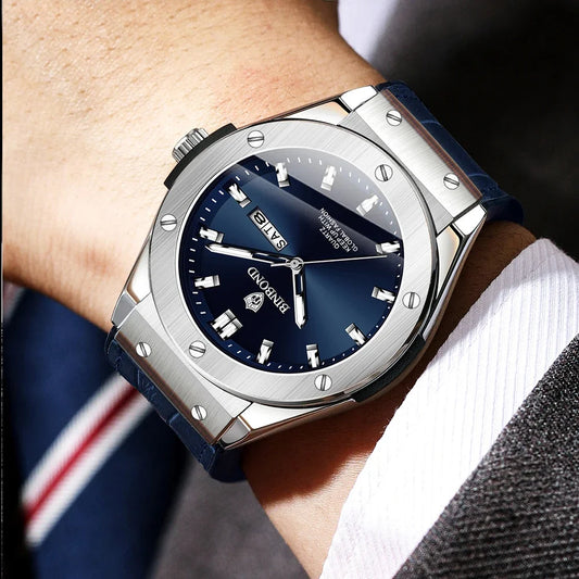 Relógio para homem, estilo casual, bracelete em pele, modelo automático ou de quartzo, acessório de luxo, ideia ideal para presente, relógio de pulso na moda.