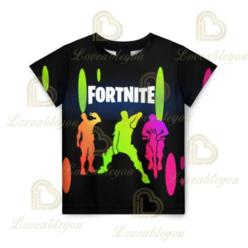 T-shirt infantil de verão Cartoon Fortnite com impressão 3D, para meninos e meninas, estilo streetwear, roupa para adultos e crianças, t-shirt divertida com gola redonda
