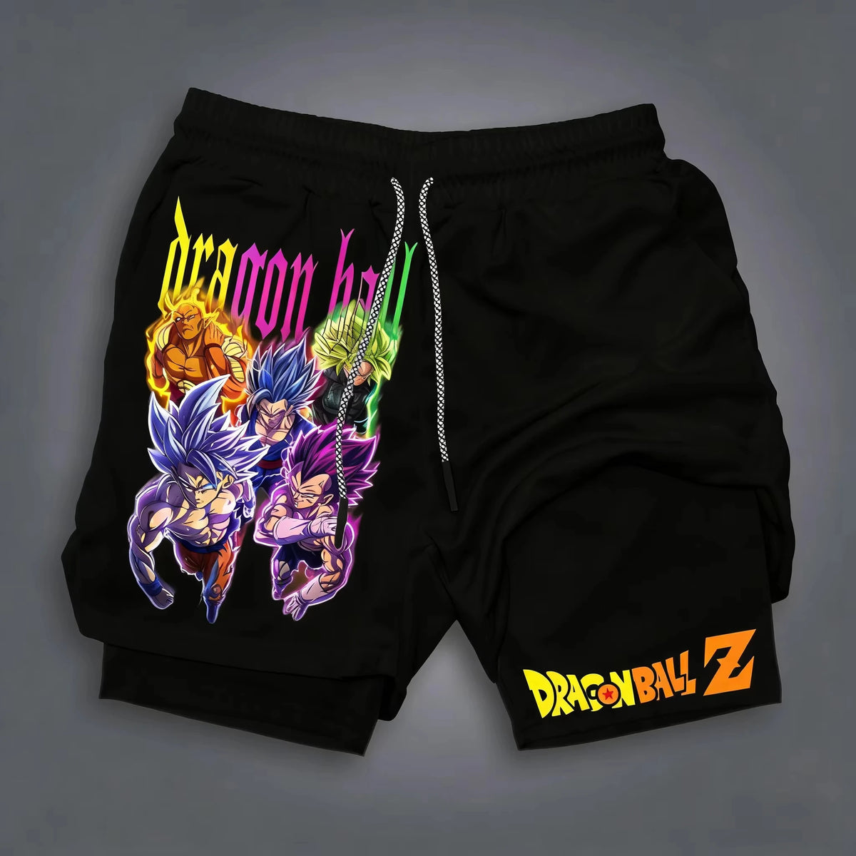 Pantalones cortos de moda con estampado de dragón y Goku del anime, de doble capa, lo último en primavera y verano: pantalones deportivos holgados y transpirables para hombre.