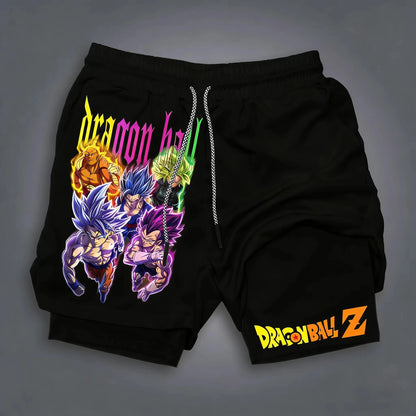 Pantalones cortos de moda con estampado de dragón y Goku del anime, de doble capa, lo último en primavera y verano: pantalones deportivos holgados y transpirables para hombre.