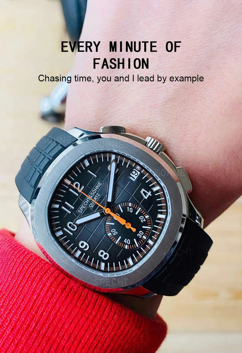 Specht & Söhne New Classic 5167 Men's Watch Orange Color Sapphire Crystal Rubber Strap Sports Male Quartz Watches 50M Waterproof
