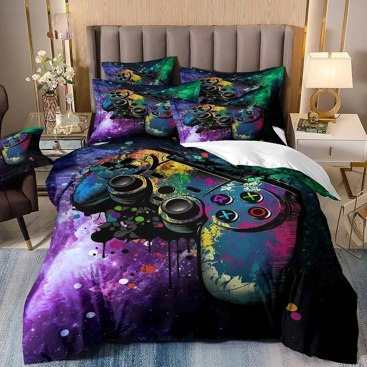 Juegos de cama para niños aficionados a los videojuegos: juego de funda nórdica «Queen» con motivos de videojuegos, juego de cama con diseños de PlayStation para chicos adolescentes