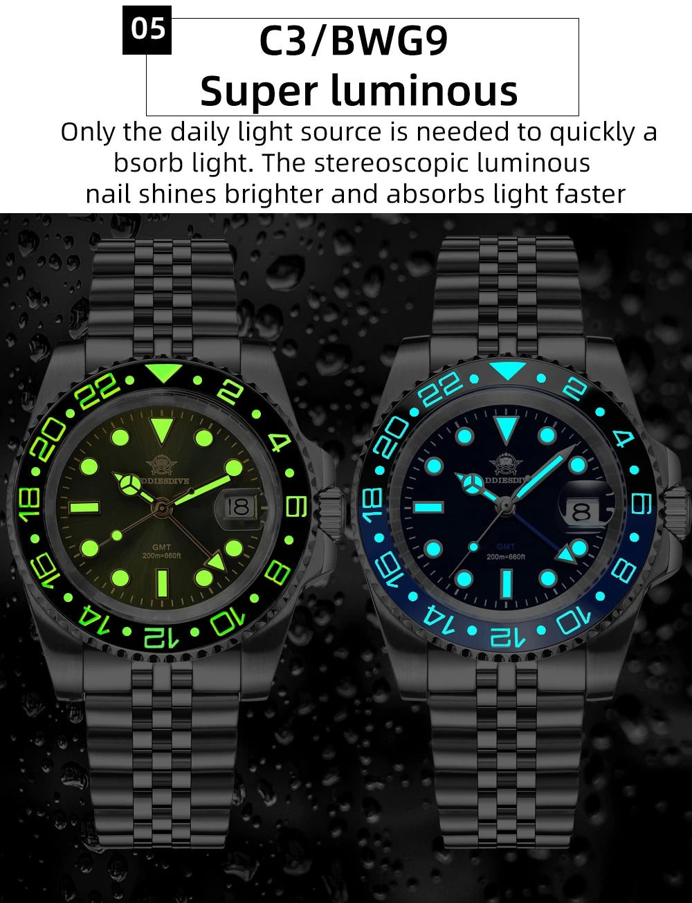 ADDIESDIVE Watch For Men Quartz GMT 20Bar Waterproof BGW9 Super Luminous 316L Stainless Steel Ceramic Bezel Watch