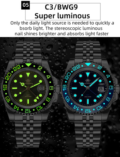 ADDIESDIVE Watch For Men Quartz GMT 20Bar Waterproof BGW9 Super Luminous 316L Stainless Steel Ceramic Bezel Watch