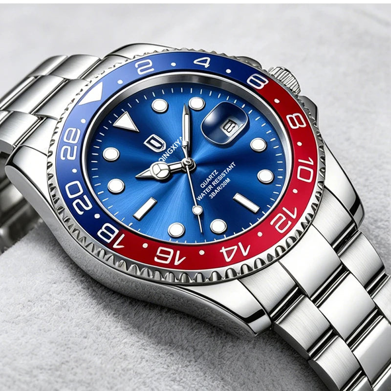 QINGXIYA Luxe herenhorloges met kwartsmechanisme, roestvrij staal, waterdicht, verlicht, datumweergave, herenpolshorloge, reloj hombre