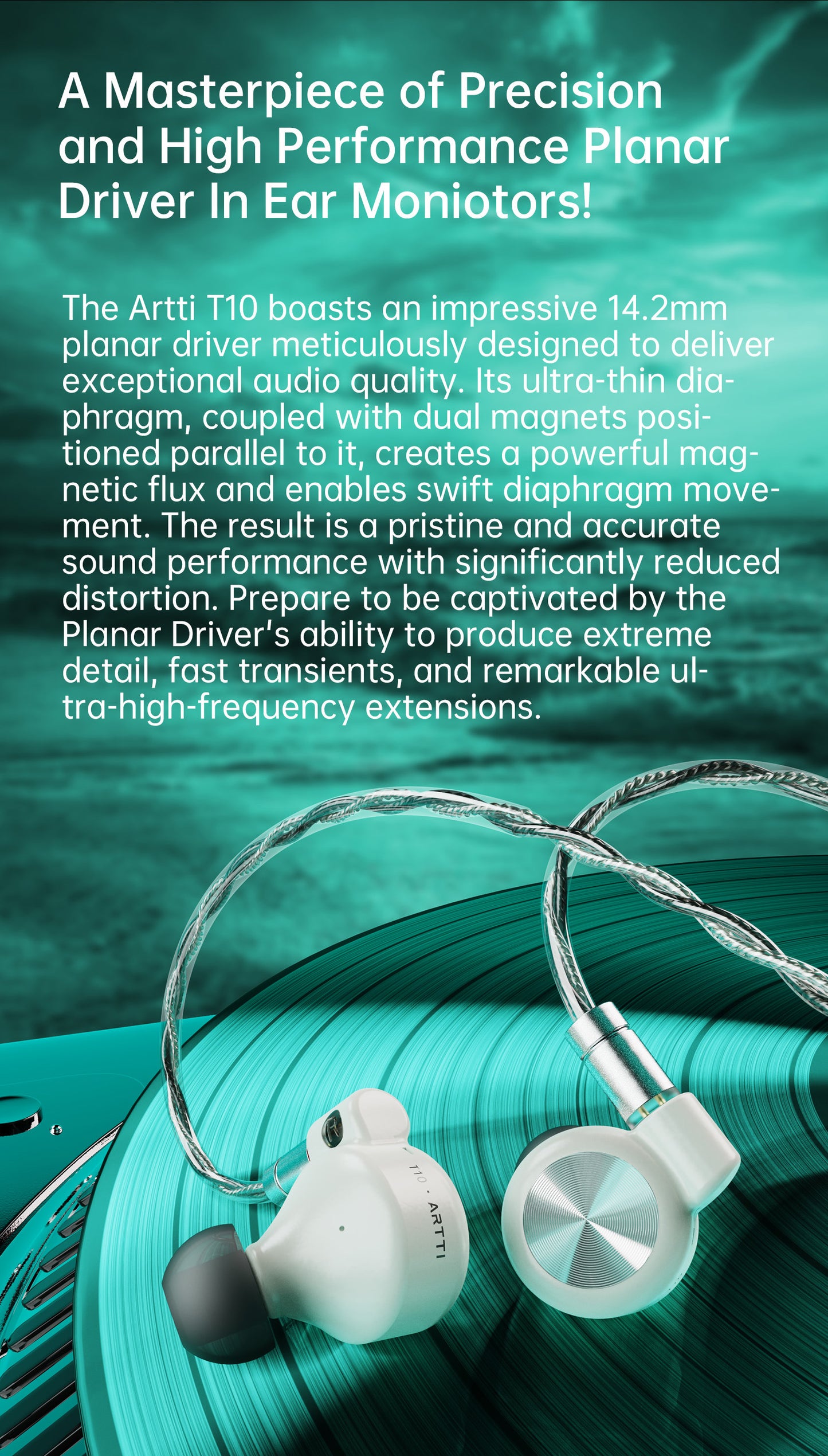 ARTTI T10 Planar Driver In-Ear HiFi Earphones, Wired IEM Monitors with 14.2mm Planar Driver, Detachable 0.78mm 2-Pin Cable, 3.5mm/4.4mm Audiophile Earbuds