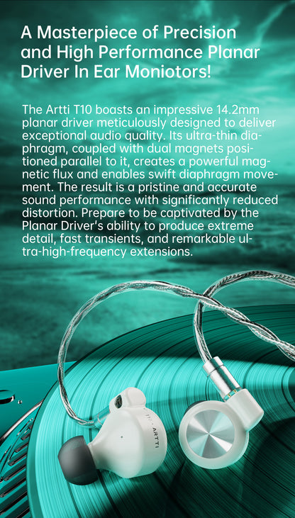 ARTTI T10 Planar Driver In-Ear HiFi Earphones, Wired IEM Monitors with 14.2mm Planar Driver, Detachable 0.78mm 2-Pin Cable, 3.5mm/4.4mm Audiophile Earbuds