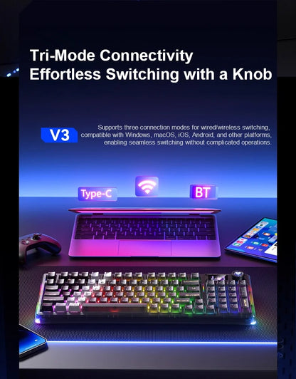 AULA F98Pro V3 Mechanical Keyboard 3-mode Wireless Bluetooth Hot-swap E-sports Customized Transparent Keycaps RGB Game Keyboards