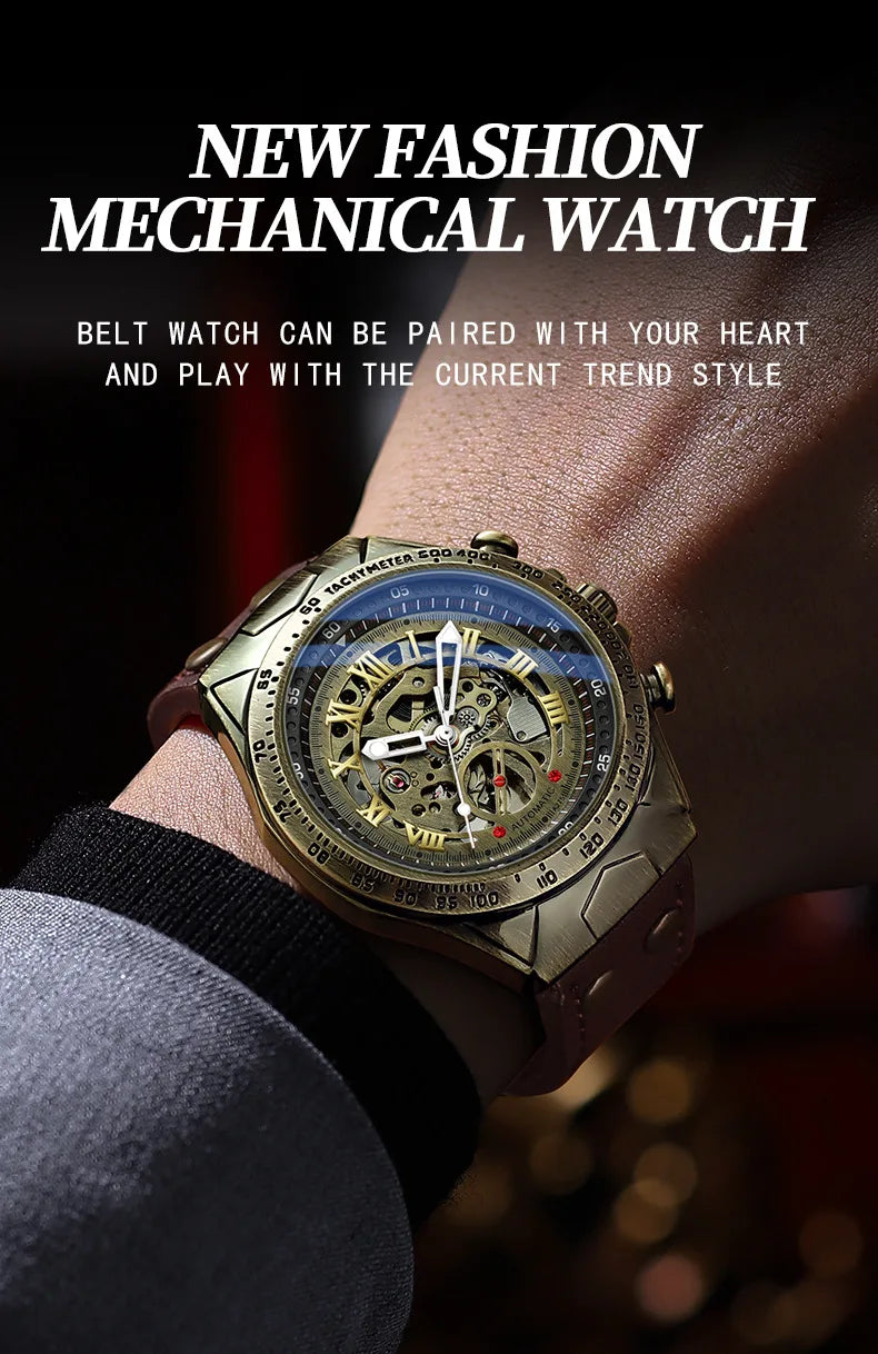UTHAI Retro Men Watch Business Waterproof Bronze Automatic Mechanical Machine Watch Leather Strap Male Fashion Clock Wristwatch