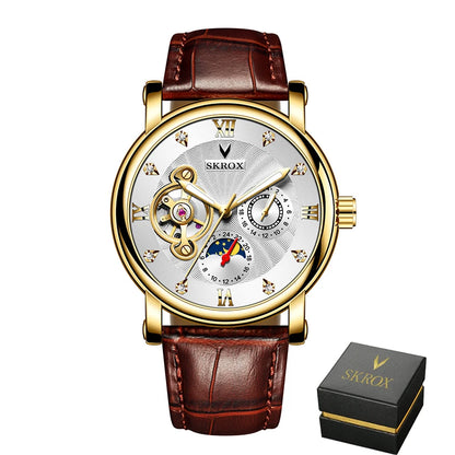 Montre mécanique automatique de luxe pour homme, signée par une grande marque, dotée d'un tourbillon, d'une phase de lune et de diamants – une montre-bracelet élégante.