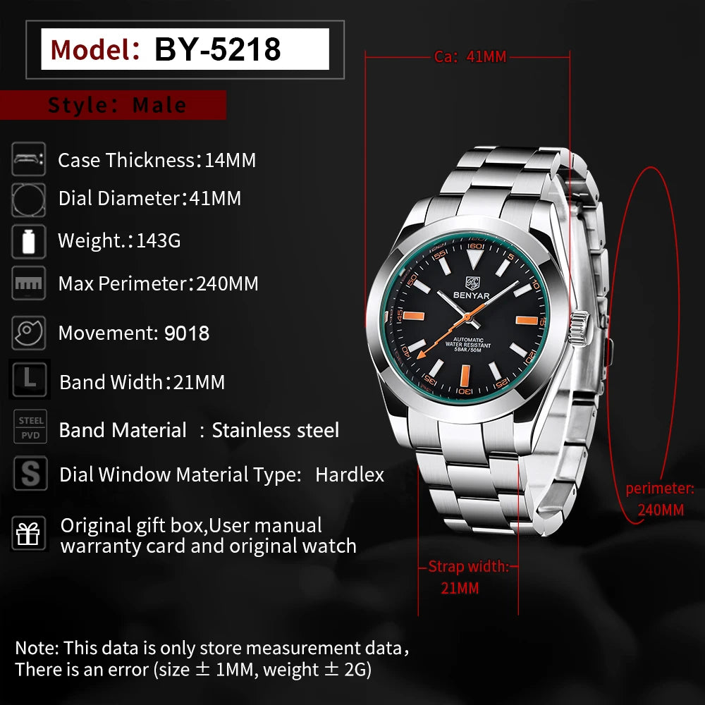 BENYAR 2026 New Mens Watches Top Brand Luxury Watch Men Automatic Mechanical Waterproof 50M Luminous Sports Wristwatch for Men