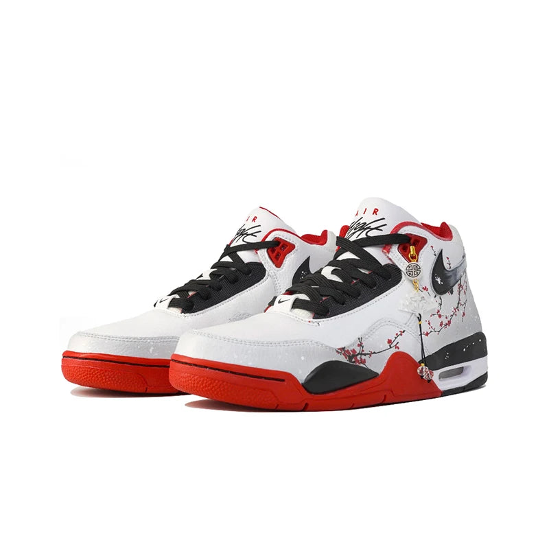 Räätälöidyt Nike Flight Legacy Plum Blossom -lenkkarit, lumivalkoiset, kiinalaistyyliset retro-koripallokengät, keskikorkeat, riipuksella, miehille