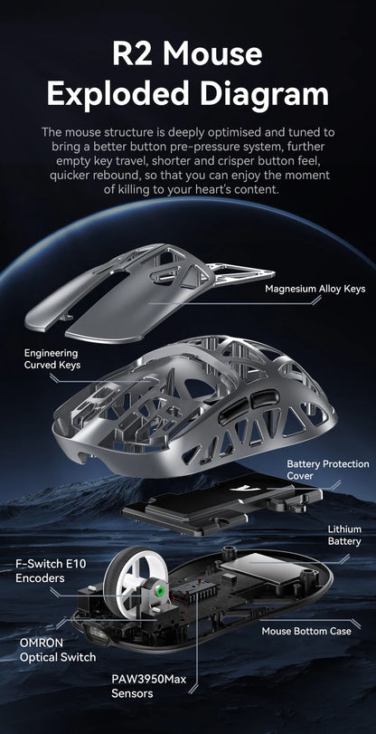 Attack Shark R2 Gaming Wireless Mouse PAW3950 8K Magnesium Alloy Lightweight Gaming Mouse Bluetooth Tri-Mode for Gaming/Office