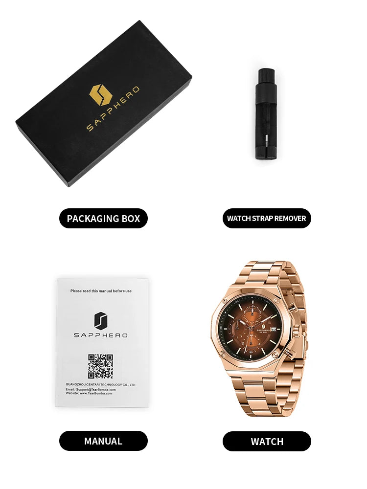 SAPPHERO Roségouden herenhorloge, modieus luxe horloge, roestvrijstalen horloge, waterdicht tot 50 m, herenhorloge, nieuwjaarscadeaus