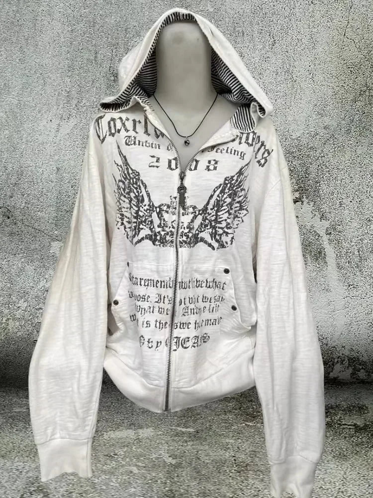 2026 New American Fashion Trend Goth Printed Zipper Hoodie Women Street Hip Hop Punk Rock Sweatshirt Unisex Casual Loose Hoodie, Produit gaming premium Fraquane, produits de luxe