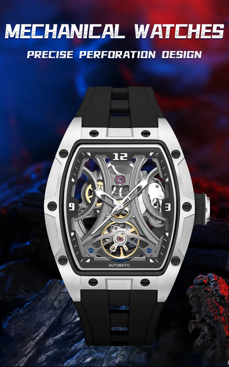 MEGIR Sports Style Automatic Mechanical Watch for Men Full Hollow Transparent Dial Design Stainless Steel Case Silicone Strap