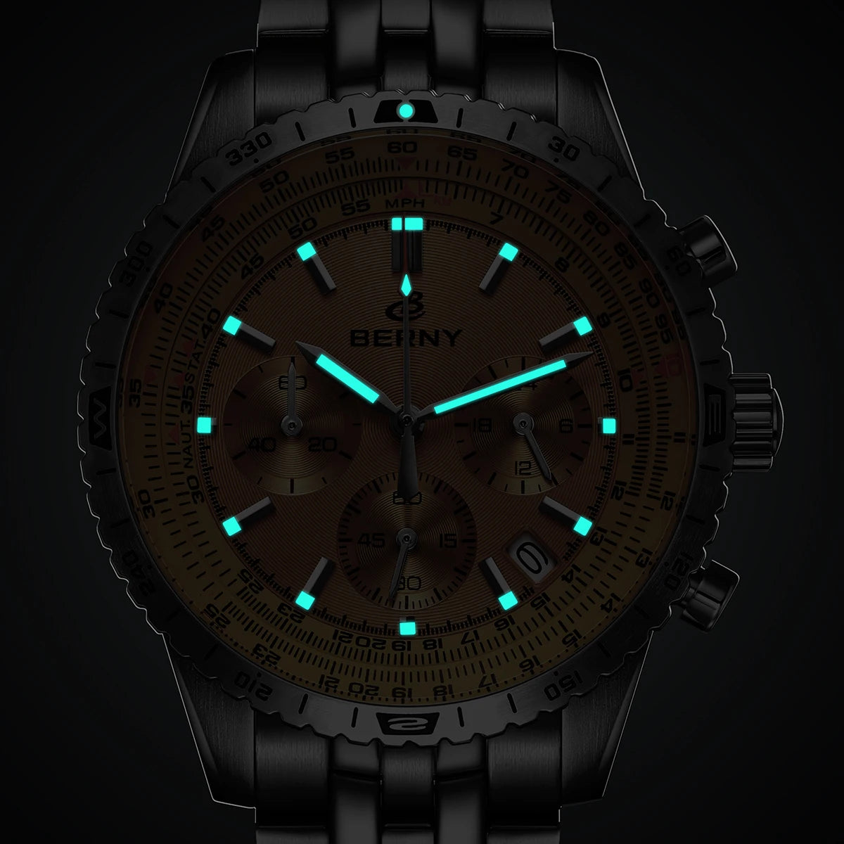 Pánské hodinky BERNY Aviation – křemenný chronograf s datem, safírovým sklem a ultraluminiscenční vrstvou – elegantní hodinky luxusní značky