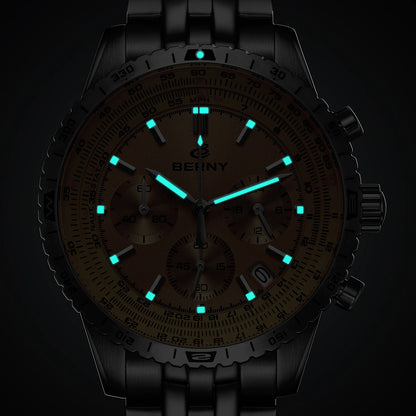 Pánské hodinky BERNY Aviation – křemenný chronograf s datem, safírovým sklem a ultraluminiscenční vrstvou – elegantní hodinky luxusní značky