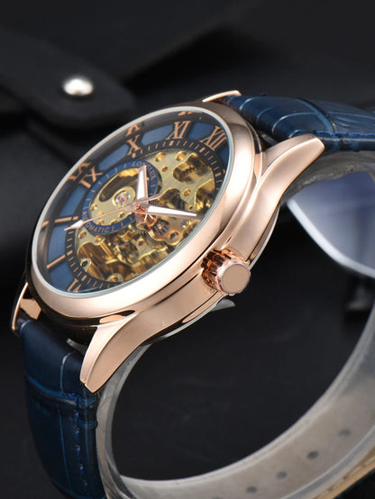 Automatikuhr für Herren, Luxusausführung, Zifferblatt mit römischen Ziffern, sichtbares Uhrwerk (Skelett), wasserdicht, leuchtende Zeiger, Lederarmband – Eine ideale Wahl als Geschenk.