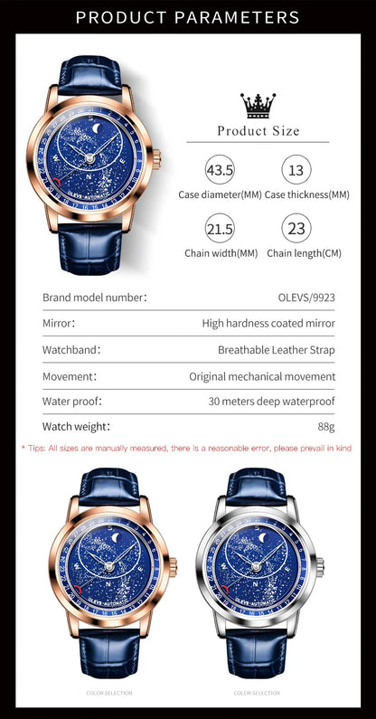 OLEVS 9923 Men's Watches Moon Phase Automatic Mechanical Watch for Man Blue Leather Luxury Dress Waterproof Luminous Wristwatch