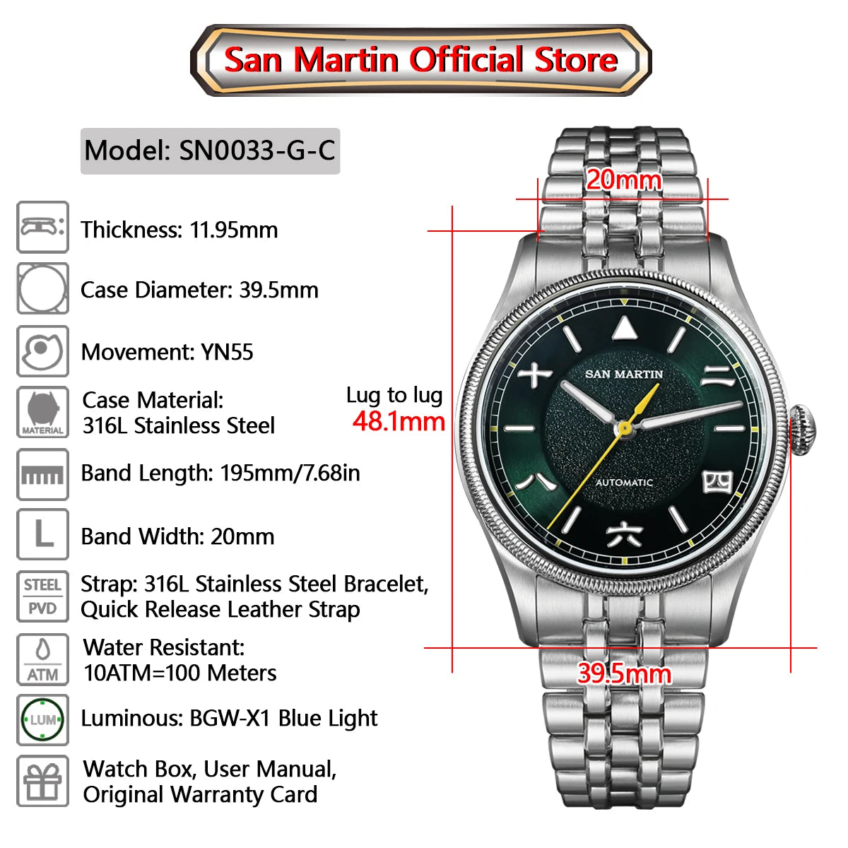 San Martin 39.5mm Men Pilot Watch YN55 Automatic Mechanical Aviation Watches Chinese Style Original Design SN0033 Field Watch