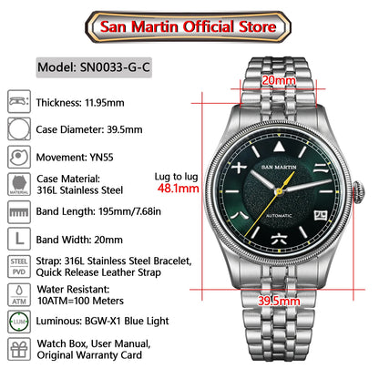 San Martin 39.5mm Men Pilot Watch YN55 Automatic Mechanical Aviation Watches Chinese Style Original Design SN0033 Field Watch